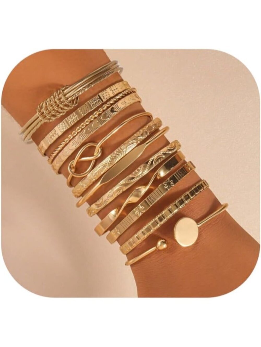 Women's Indian Bangles Set, Multi Layer Textured 14k Gold Plated Chunky Bracelet